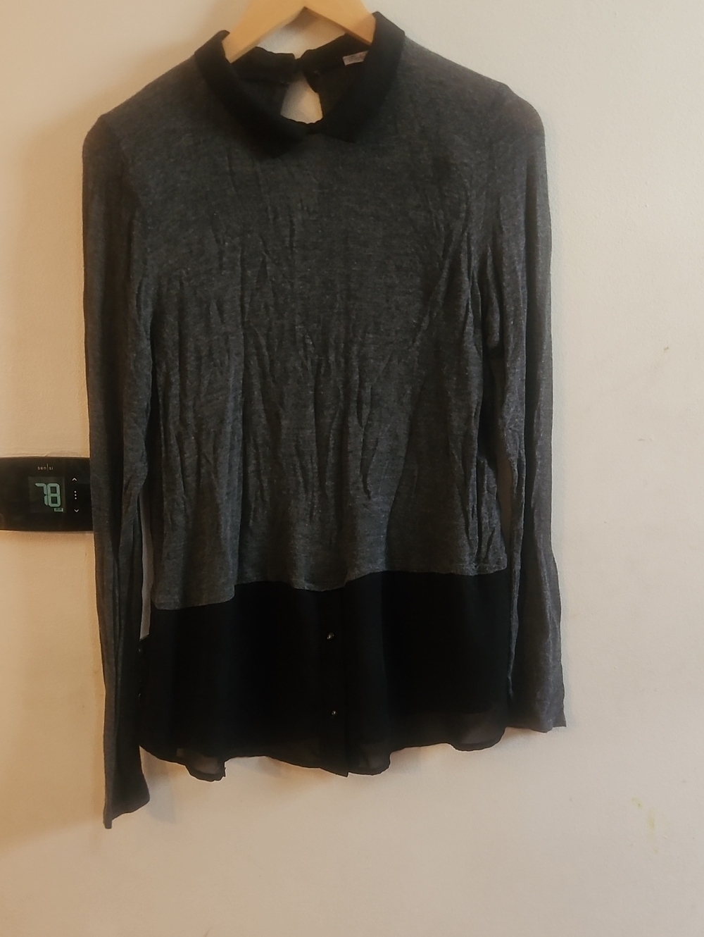 Charlotte Russe Gray Long Sleeve Top with Black Collar and Hem Panel